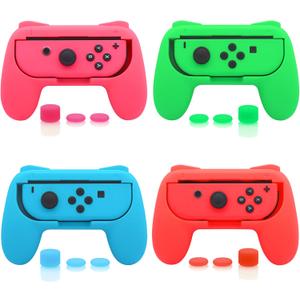 FASTSNAIL 4 Pack Grips Kit Compatible with Nintendo Switch for Joy Con, Wear-Resistant Grip Controller for Joy con & OLED Model with 12 Thumb Grip (Green, Pink, Blue, Red)