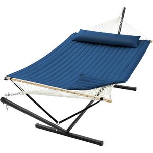 SUPERJARE 12ft Double Hammock with Stand, Rope Hammock for 2 Person, Detachable Hammock Bed and Pillow, Portable, Anti-Tip Safety Ropes, Carry Bag, Outdoor Backyard Patio Camping, Navy Blue