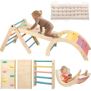 Yopnoyik Pikler Triangle Set with Cushion, 7 in 1 Toddler Climbing Toys Indoor, Montessori Foldable Climbing Set, Wooden Climbing Toys for Toddlers Inside with Ramp, Arch and Ladder (Rainbow), Medium