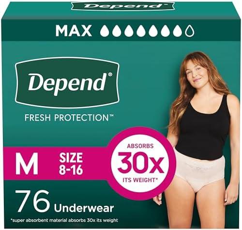 Depend Fresh Protection Adult Incontinence & Postpartum Bladder Leak Underwear for Women, Disposable, Maximum, Medium, Blush, 76 Count (2 Packs of 38), Packaging May Vary