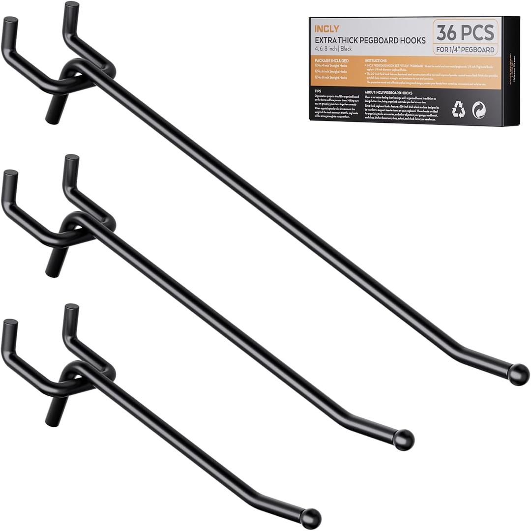 INCLY 36 Pack 4/6/8 Inch Black Pegboard Hooks, 1/4" Heavy Duty Peg Board Shelving Hooks Accessories, Peg Board Tool Hangers Fit 1/4" Pegboard for Organizing Garage, Craft Room, Kitchen, Store