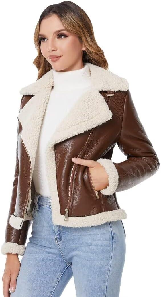 DIASHINY Women's Faux Shearing Fur Winter Coat Warm Thick Fur Lined Faux Leather Jacket (039 Brown) S