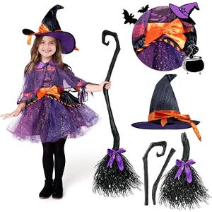 Spooktacular Creations Child Girl Orange Purple Witch Costume, Toddler Witch Outfit Set with Broom for Kids Halloween Party, Size -3T