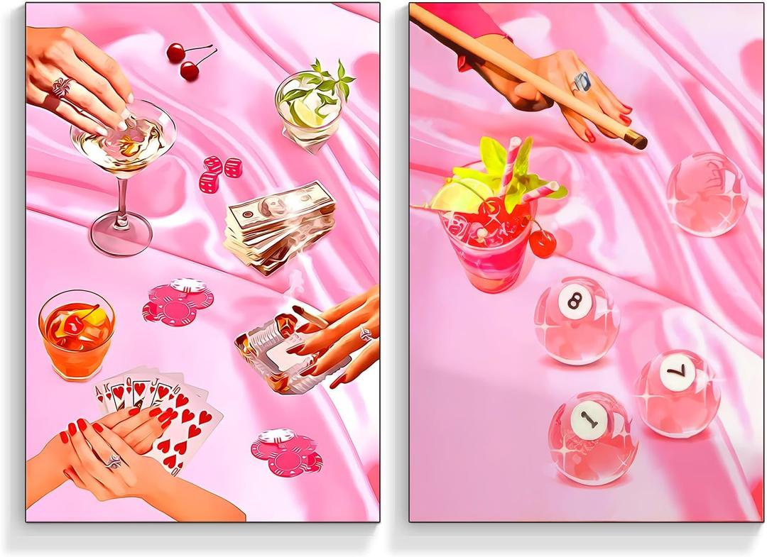 2pcs Vintage Pink Poker Playing Cards Wall Art Funky Cocktail Dice Canvas Wall Decor Trendy Retro Champagne Alcohol Drinks Print Posters Aesthetic Funny Cute Preppy for Living Room Bedroom Unframed (24"Hx16"W)
