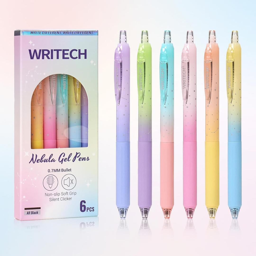 WRITECH Gel Pens Fine Point: Nebula Pen Set 0.7mm Black Ink Retractable 6ct Smooth Writing with Aesthetic Gradient Color Barrel for Journaling Note Taking Silent Click No Smear