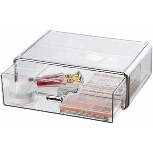 Clear Plastic Storage Drawer for Dresser Bathroom Tabletop Desktop Vanity Organizer, Transparent Sturdy Stackable 1-Drawer Organizer, 10.8×7.6×3.5 Inches