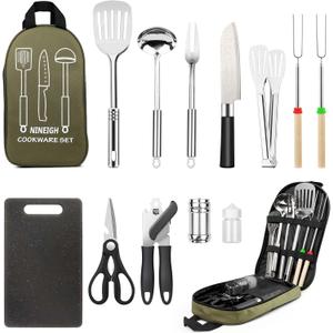 Camping Cooking Utensils Set, Stainless Steel Grill Tools, Camping BBQ Cookware Gear and Equipment for Travel Tenting RV Van Picnic Portable Kitchen Essentials Accessories (Green-13 PCS)