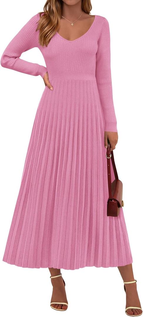 PRETTYGARDEN Women Sweater Dress Fall Fashion 2026 Long Sleeve V Neck Ribbed Knit Pleated A Line Elegant Maxi Winter Dresses (Pink, X-Large)