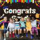 Preschool Graduation Backdrop Colorful Congrats Grad Banner for Kindergarten Class of 2026 Ceremony Supplies Congratulations Grad Party Outdoor Decorations (8X6 FT)
