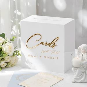 Ripeng Acrylic White Wedding Card Box with Lock Transfers Sticker Mirror Gold Acrylic Cards DIY Card Boxes for Wedding Decoration, Money Box for Bridal Baby Shower Party Reception Anniversary