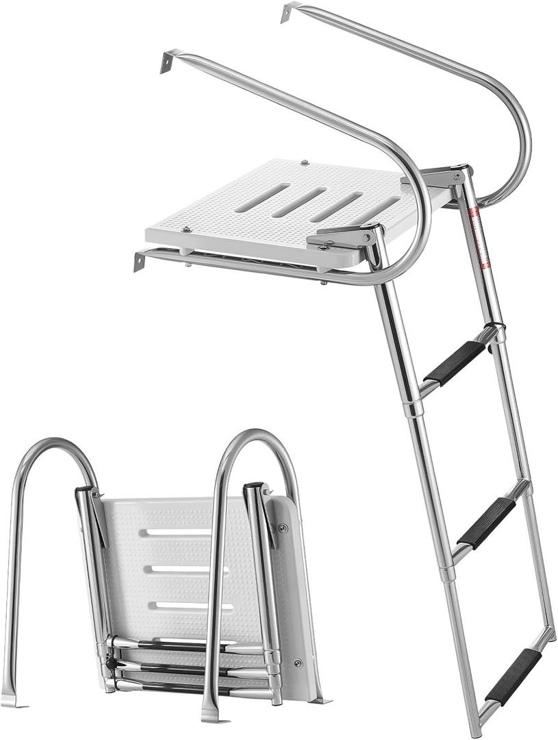 VEVOR Boat Ladder, 3 Steps Stainless Steel Telescoping Folding Swim Deck Ladder for Rear Entry Inboard, 400 lbs Capacity with Wide Non-Slip Steps & Handrails, for Outboards, Yacht, Pontoon Boats