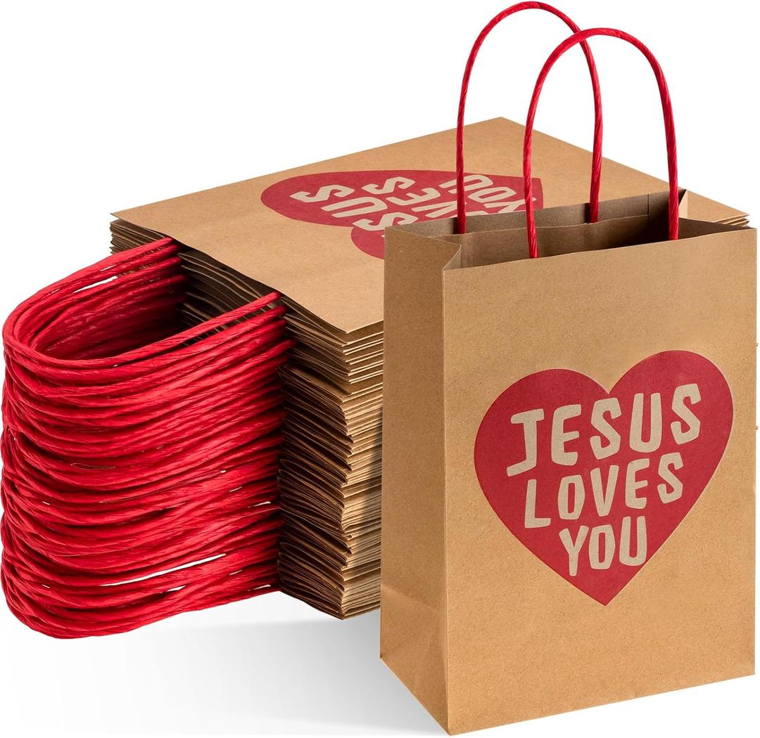 Sherr 24 Pcs Jesus Loves You Christian Gift Bags Bulk with Handle Religious Scripture Bible Verse Goodie Bag for First Communion Baptism Church Party Favor
