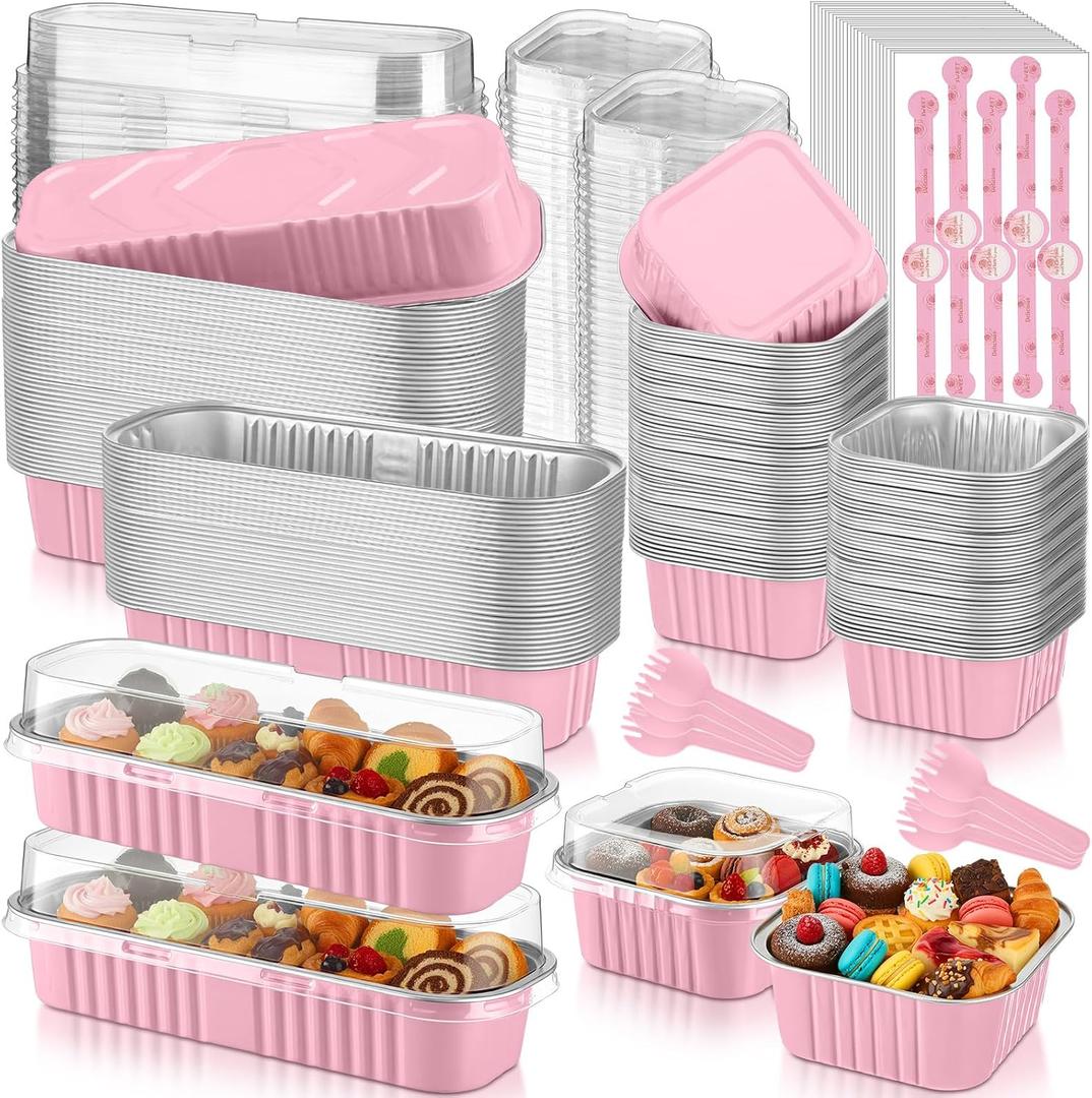 LemonRoad 120 Sets Mini Loaf Pan with Lids and Spoons 6.8oz Rectangular Aluminum Foil Bread Pan 5oz Square Cake Cup with Decal Disposable Baking Supply for Graduate Wedding Birthday (Pink)