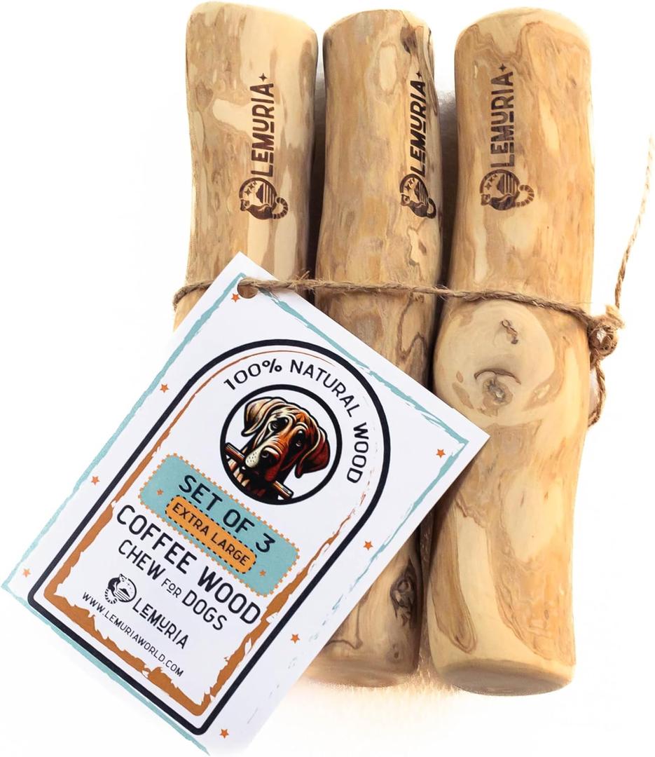 lemuria Set of 3 Coffee Wood Dog Chew Stick Toy, Natural Durable Real Wooden Bone Sticks for Dogs, Safe Dental Cleaning Chews for Teething Puppy, Stress Relief for Large Giant Dogs (Extra Large)