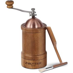 POLIVIAR Manual Coffee Grinder, Coffee Bean Grinder with Adjustable Ceramic Burr, Vintage Style Wooden Hand Coffee Grinder, Large Capacity Burr Coffee Grinder with Brush and Spoon