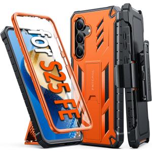 FNTCASE for Samsung Galaxy S25-FE Case: Military Grade Rugged Cell Phone Cover with Kickstand & Holster | Shockproof TPU Protection Bumper Matte Textured Design for Galaxy S25 FE Cases 6.7inch(Orange)