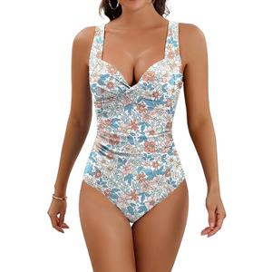 Eomenie Women's One Piece Swimsuit Tummy Control Slimming Push Up Bra Bathing Suits Wrap Twist 1 Piece Swimwear (Medium, Red Floral Print)