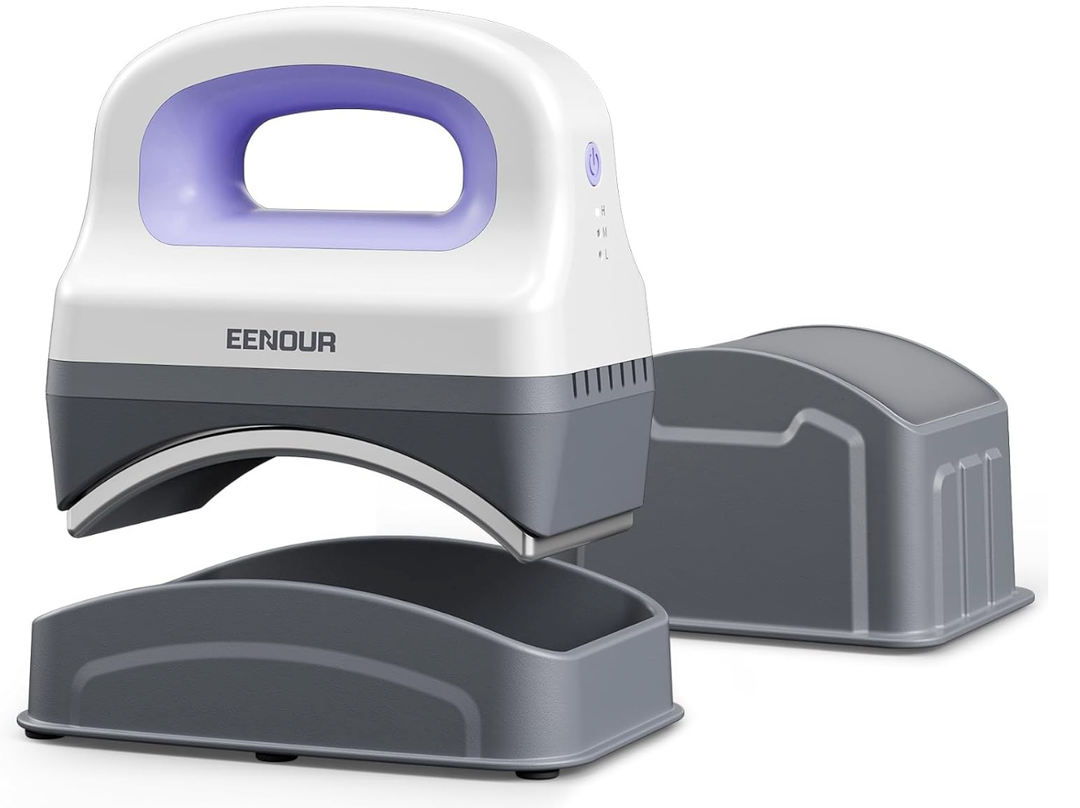 EENOUR Hat Press Machine, Mini Heat Press for Caps with 3 Heating Levels & AutoOff, Handheld Cap Easy Press with 3"×5.5" Arched Heating Plate, 2 Press Platens, A Safety Base