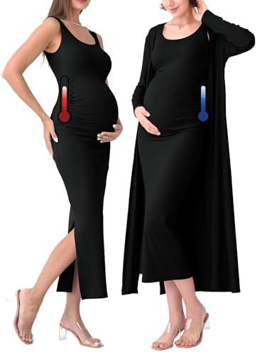 Rnxrbb 2 PCS Spring Summer Maternity Dress Cardigan Set Bodycon Maxi Formal Dresses Boho Baby Shower for Women, L
