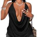 SweatyRocks Women's 2026 Summer Sexy Plus Size Cowl Neck Tops Ruched Draped Low Cut Halter Going Out Top Black 3X-Large Plus