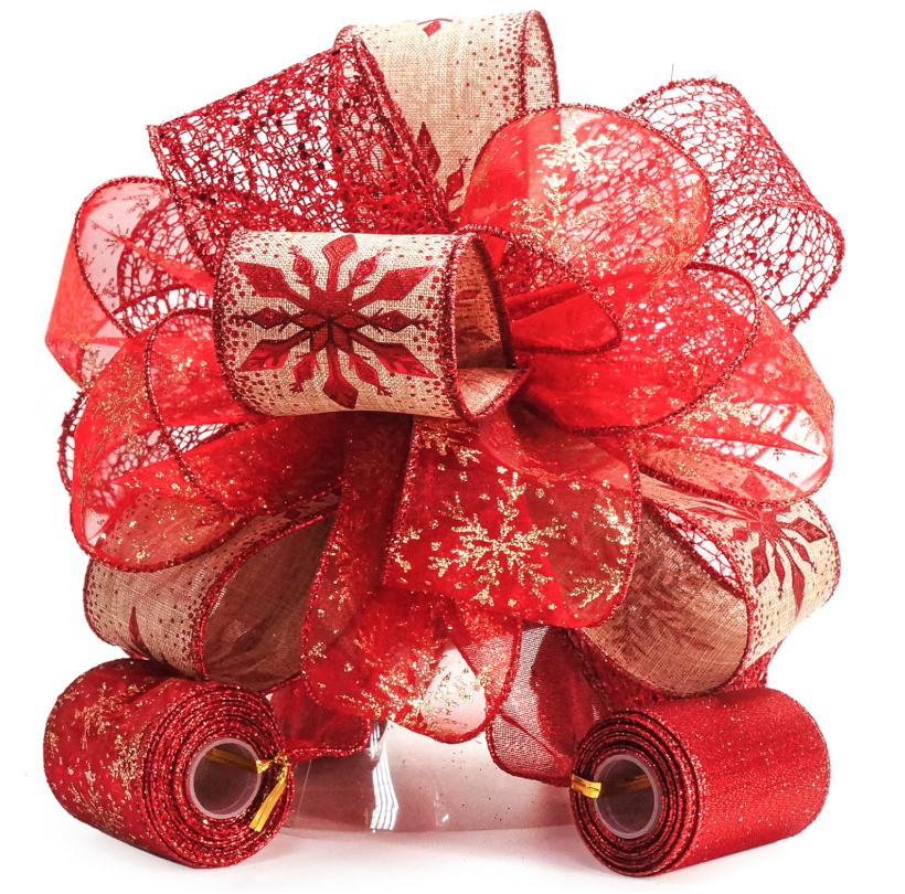 CT CRAFT LLC Red Snowflake Christmas Tree Topper Bow 11" with 4 Ribbon Streamers x 3 Yards Long Each for Holidy Elegant Fancy Home Décor Indoor