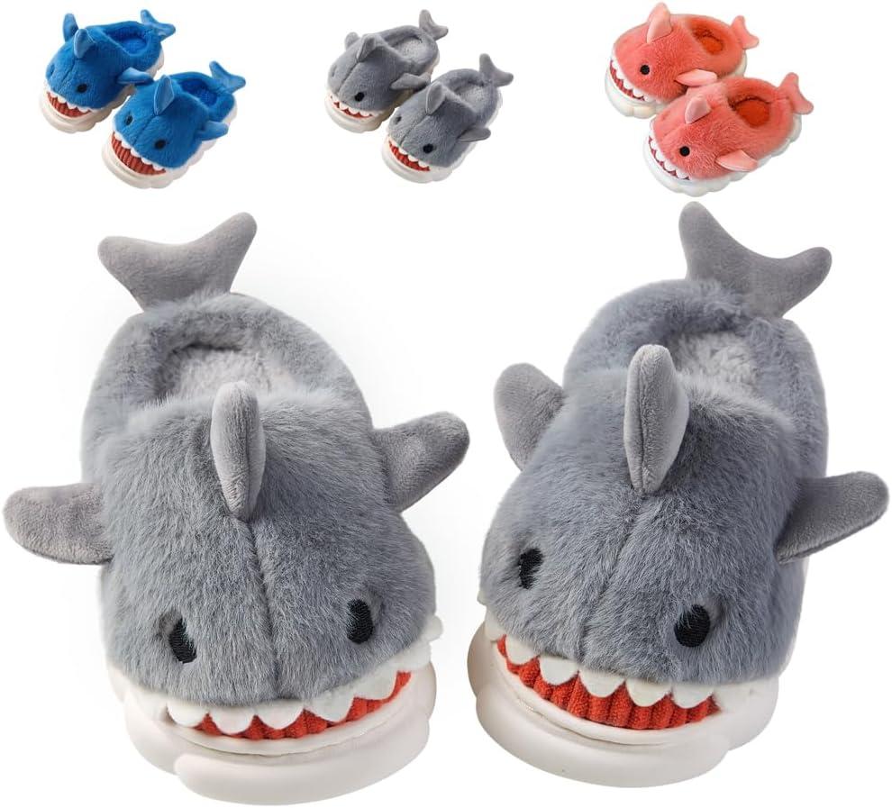Fiedaz Boys Girls Shark Slippers for Toddler Kids - Cute Plush Warm Non-Slip Indoor Bedroom Winter Shoes (1-1.5 Big Kid, Half Heel Grey)