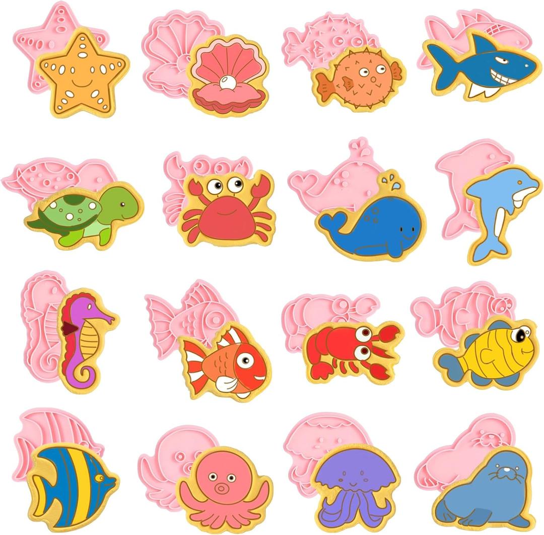 16 PCS Under The Sea Cookie Cutter Set with Plunger Stamper Set, Ocean See Cookie Cutters, Sea Creature Cookie Cutter Set, 3D Marine Animals Shape Cookie Cutters for Baking Birthday
