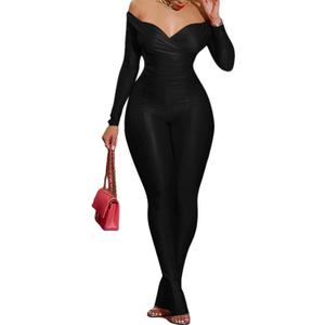 acelyn 2 Piece Outfits for Women Sexy Off Shoulder Tops Bodycon Flared Pant Sets Club Outfits Tracksuit Black 2XL