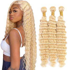 613 Bundle Human Hair Bundles Blonde 14 16 18 Inch Blonde 613 Color Deep Wave Bundles Human Hair Blonde Bundle Unprocessed Brazilian Virgin Quick Weave Hair for Black Women