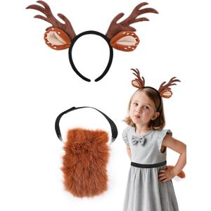 Reindeer Antlers Headband & Tail Set - Fluffy Deer Costume for Christmas Gift and Cosplay Party
