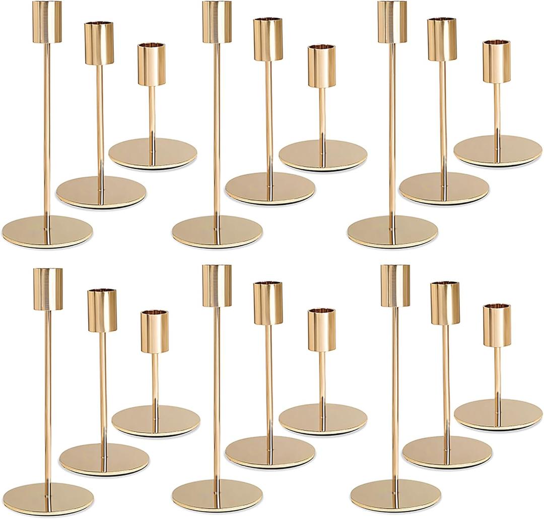 Gold Candlestick Holders - Bulk Decorative Metal Candelabra for Taper Candles - Fit 0.8 Inch Diameter - Gold Taper Candle Stands for Wedding Home Party Table Decor (Set of 18)