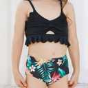 Family Matching Solid Scallop Trim Strappy Two-Piece Swimsuit and Allover Floral Print Swim Trunks Shorts (2T, Hawaiian Black)