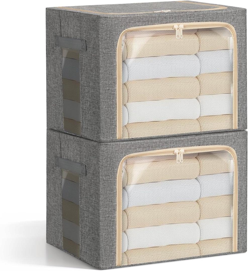 2-Pack Clothes Storage Bags, Foldable Storage Bins with Metal Frame, Clear Window, Reinforced Handles, Durable Non-Woven Fabric for Clothes, Bedding, Blankets, 40L, Gray