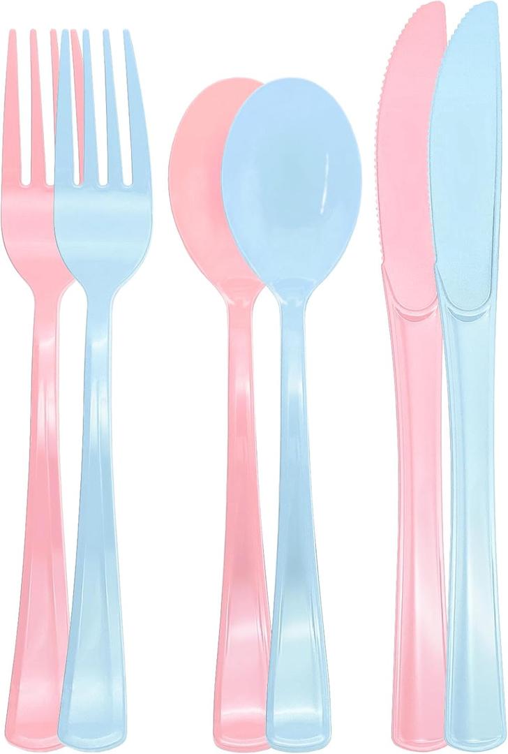 300 PCS Pink and Blue Silverware Heavy Duty 150 Pink Plastic Silverware and 150 Blue Plastic Cutlery Sets- 100 Forks 100 Knives 100 Spoons for Birthday, Baby Shower, Gender Reveal