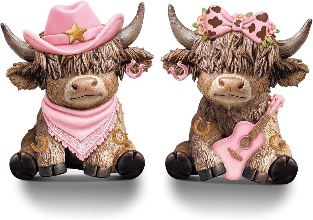 Wesiti 2 Pcs Cowgirl Highland Cow Figurines, Western Farmhouse Resin Cow Statues with Pink Cowboy Hat, Guitar and Bow, Christmas Cute Calf Lovers Gifts Ornaments for Home Shelf Holiday Decor