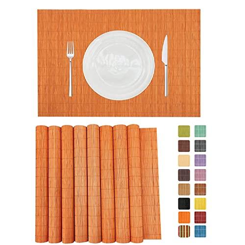 ANDSTAR Non-Slip Waterproof Placemats Set of 8 - Reusable Wipeable Table Mats for Dining Table, Kitchen, Outdoor Picnic, 12x18 Inch PVC Backed Heat Resistant Place Mats Dishwasher Safe（Orange）