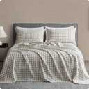 DAPU Linen Sheets Set Full, Gingham Check Plaid 100% Washed Linen Bedding with Envelope Closure, 4 PCs Hypoallergenic Soft Linen Sheets Set, Geometric Checkered Pattern in Beige & White, Full Size