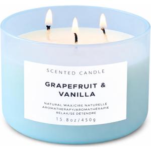 Grapefruit & Vanilla 3-Wick Scented Soy Candle | 15.8 oz Large Scented Candle for Home | Uplifting Aromatherapy Candle | Housewarming & Birthday Gift for Women and Men