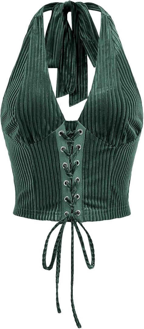 Verdusa Women's Going Out Halter Corset Top Sleeveless Lace Up Open Back Crop Tops (Green, M)