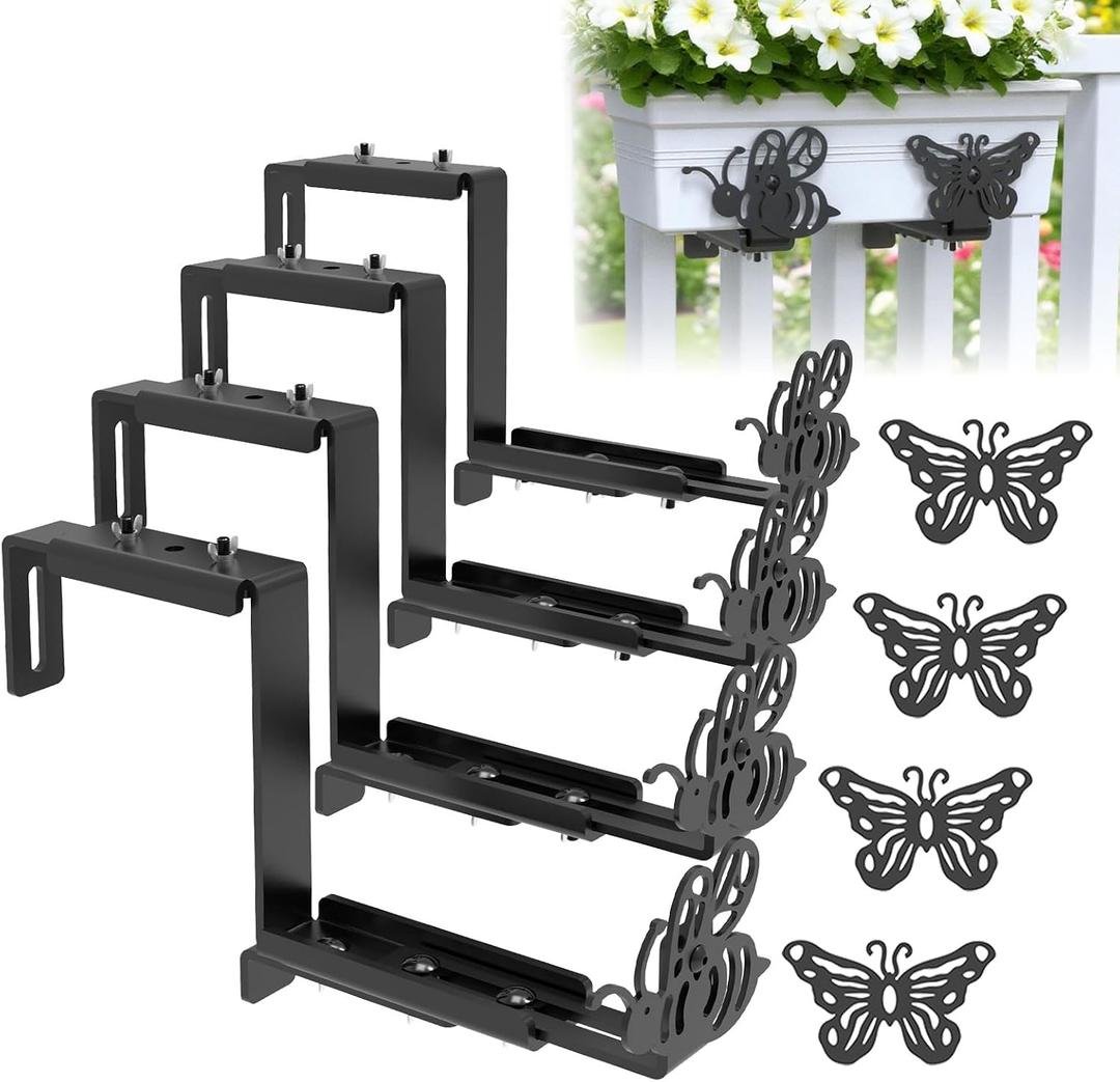 Planter Box Bracket,4 Pcs Adjustable Window Box Brackets with Bee & Butterfly Shape for Deck Railing,Heavy Duty Flower Box Stand Bracket for Balconies, Fences, and Gardens