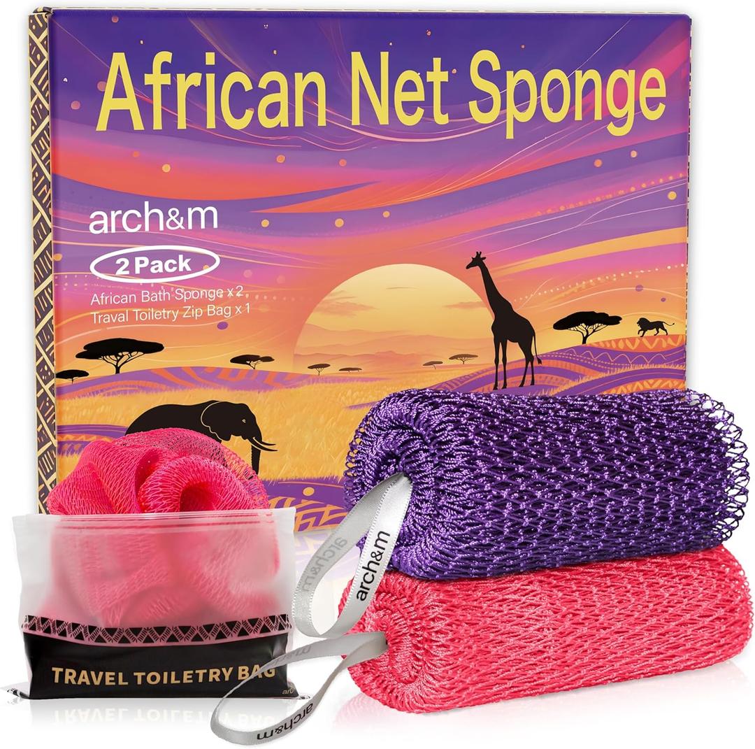 ARCH&M African Net Sponge Authentic 2 Pack - 53" Extra-Long Body Scrubber for Women and Men Daily Use Body Care, Shower Loofah Exfoliating Bath Sponge, Travel Portable Bath Accessories Gifts