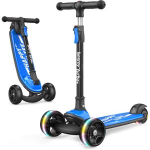 Besrey Kick Scooter for Kids Ages 3-10, 3-Wheel Folding Scooter with Adjustable Height, LED Light Wheels, Extra Wide Deck for Outdoor Activities, Blue