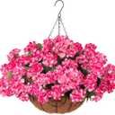 INSPRING Geraniums Artificial Flowers Hanging Basket for Outdoors Outside Spring Decoration, 8 Bundles Silk Flowers Fake Plants Look Real UV Resistant for Porch Home Patio Balcony Yard, Pink
