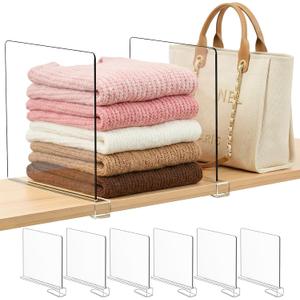 Purse Organizer for Closet Shelf Dividers: 11-inch Tall(Higher Version) Adjustable Clear Acrylic Bag Storage Organizer for Handbags, Sweaters, Towels, Jeans and Shoes on Wood Shelves 6-Pack