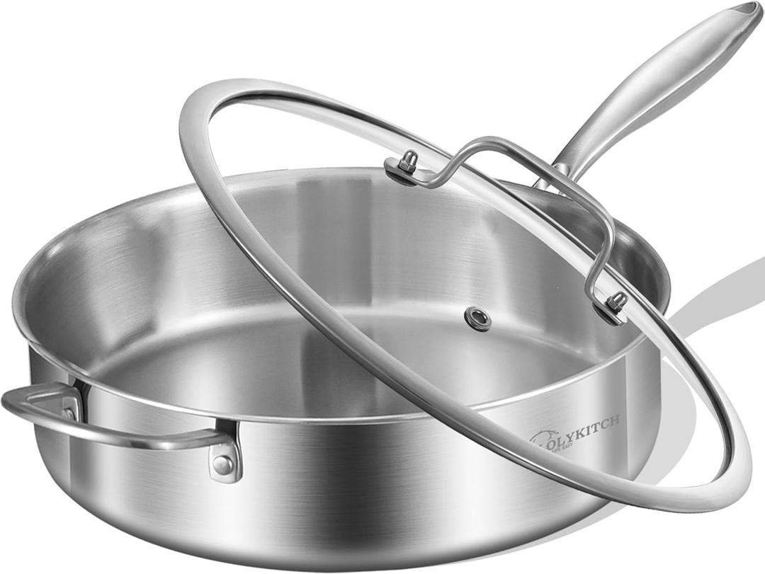 LOLYKITCH Whole Body Tri-Ply Stainless Steel 5.5 QT Saut Pan with Lid,12 Inch Deep Frying Pan,Jumbo Cooker,Dishwasher and Oven Safe,Detachable Handle. (Silver)