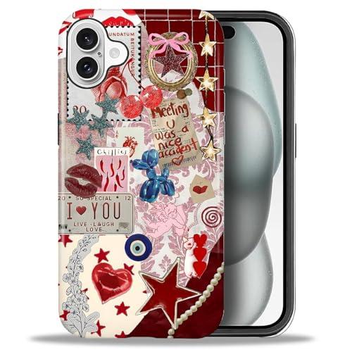 DAIZAG Case for iPhone 16,Mixed 2 Layer Design Shockproof Soft TPU Ddouble Protection Phone Case for iPhone 16-Conch Red Pearl Collage