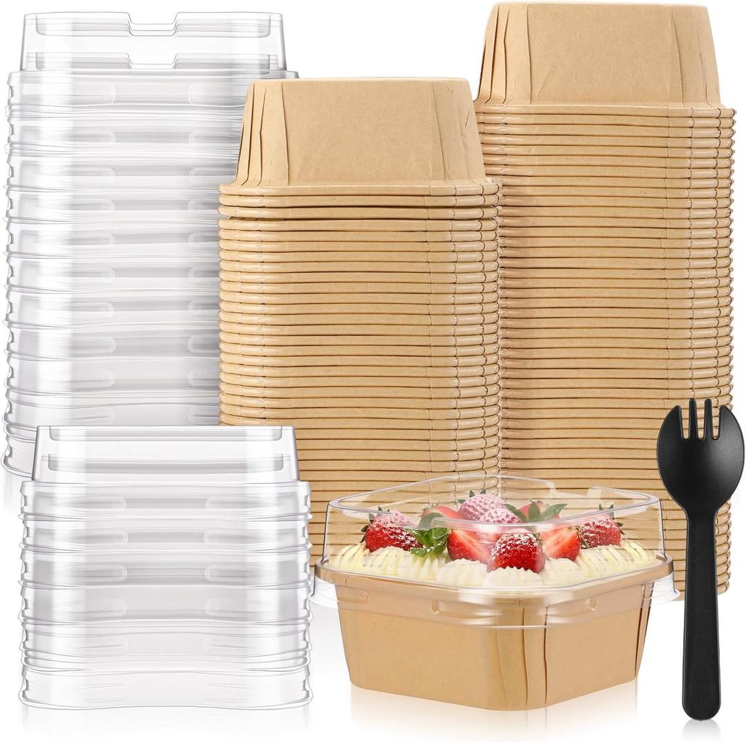 LemonRoad 100 Set Baking Pans with Lids and Spoons 6 oz Dessert Cups Pack Square Cupcake Cups Kraft Paper Loaf Pan Disposable Food Containers Bowls for Cake Ice Cream Yogurt Party Food