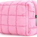 E-Tree Cute Makeup Bag,Quilted Cosmetic Bag for Women,Make up Pouch for Purse,Toiletry Zipper Pouch,Checkered Bag,Travel Case,Storage Pouches for Organization (Pink)