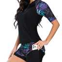 Bonneuitbebe Women 2 Piece UPF 50+ Rash Guard Short Sleeve Half Zip Swim Shirt Built in Bra Swimsuit with Boyshort Bottom (Large, Black Phantom)