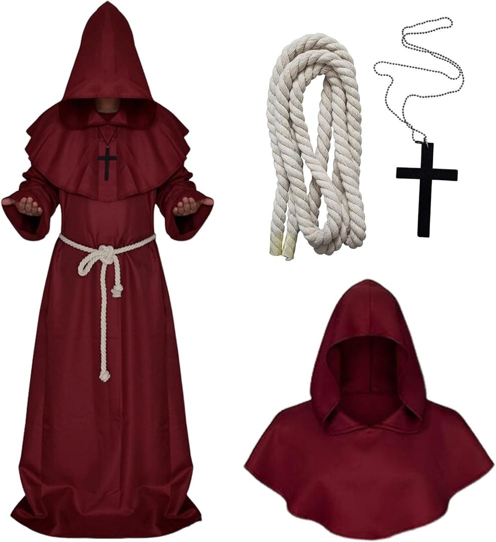Medieval Monk Robe Priest Robe Halloween Cosplay Costume Cloak (Medium, Red)